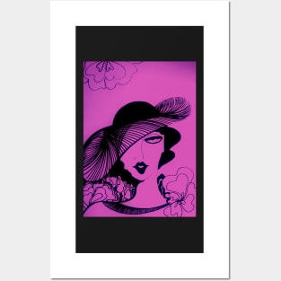 RETRO OP ART DECO LADY WITH HAT SEVENTIES ART PRINT LILAC AND INDIGO Posters and Art